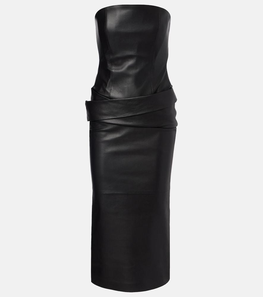alex perry strapless leather midi dress
