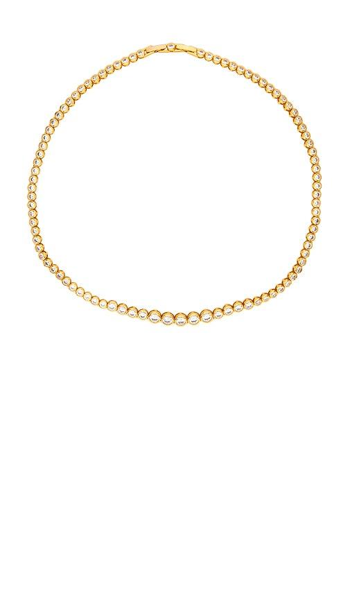 alexa leigh bezel tennis necklace in metallic gold.