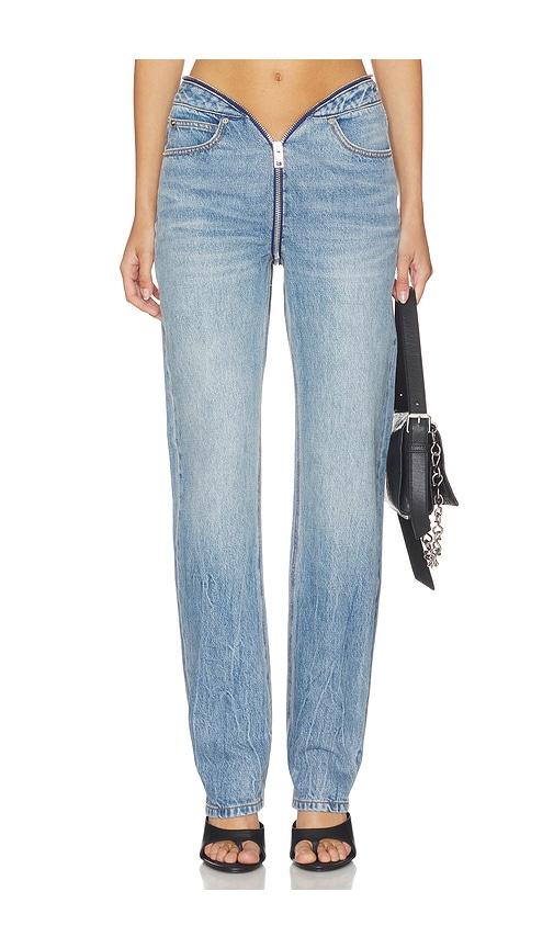 alexander wang dipped v zip waistband straight leg jeans in blue. - size 25 (also in 26, 27, 28)