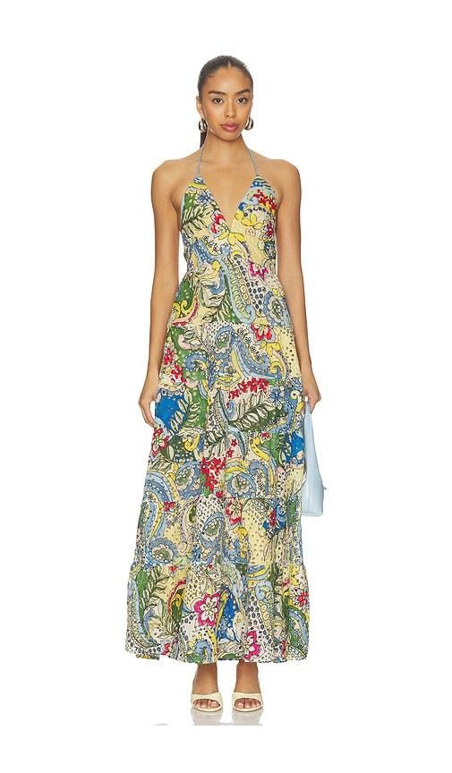 alice + olivia adalyn halter maxi dress in blue,green. - size 0 (also in 4, 6, 10, 12)