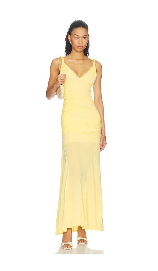 alice + olivia bianca twist strap asymmetrical godet midi dress in yellow. - size 0 (also in 2, 6, 8, 10, 12)