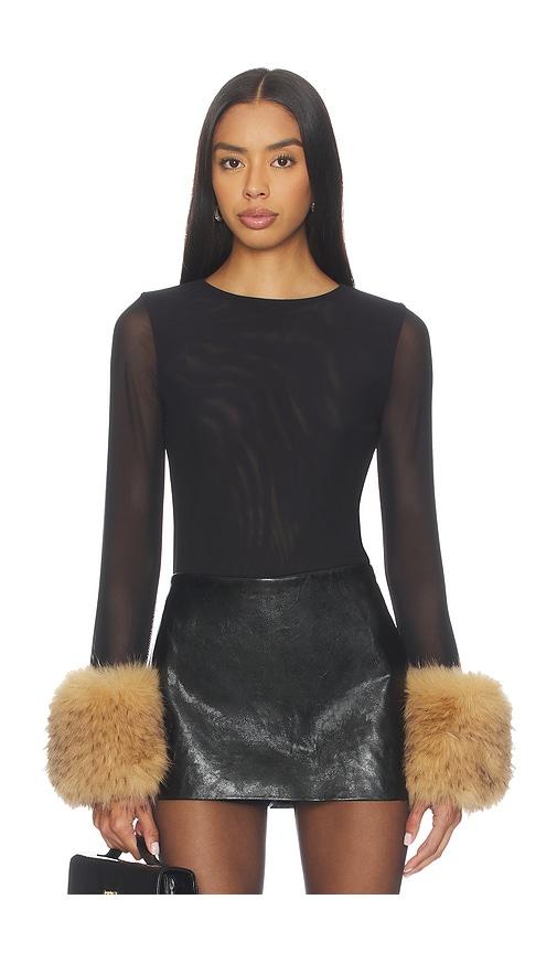 alice + olivia delaina crop top with removeable faux fur cuff in black. - size l (also in m)