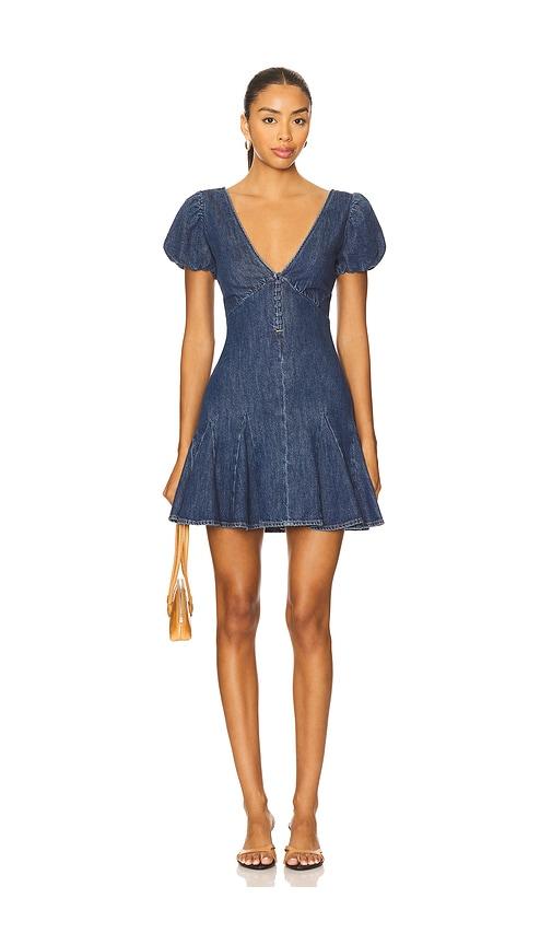 alice + olivia fara puff sleeve denim mini dress in blue. - size 0 (also in 2, 4, 8)