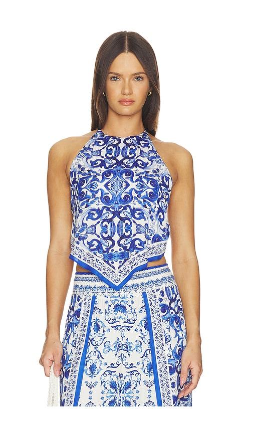alice + olivia frenchie handkerchief halter top in blue. - size l (also in s, m, xl)