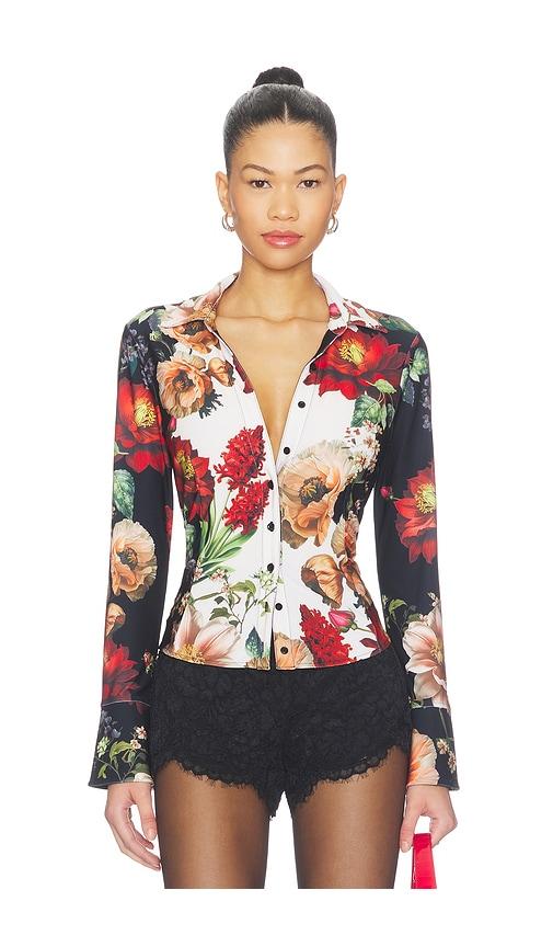 alice + olivia freya fitted nipped waist button down top in multi. - size l (also in m, s, xs)