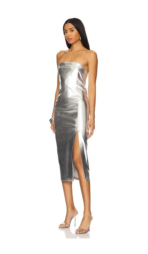 alice + olivia kelly midi dress in metallic silver. - size 0 (also in 2)