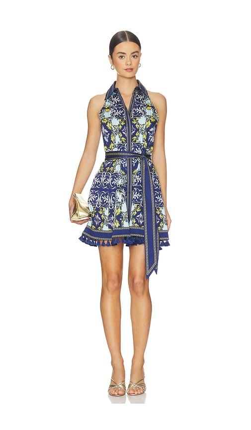alice + olivia lucy halter neck mini shirt dress in blue. - size 10 (also in 6)