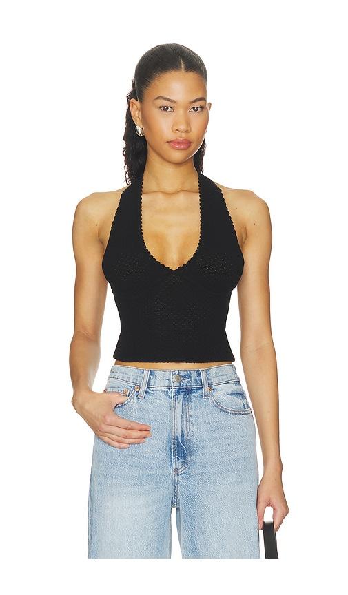 alice + olivia pearl pointelle tie back halter top in black. - size l (also in xs, s, m, xl)