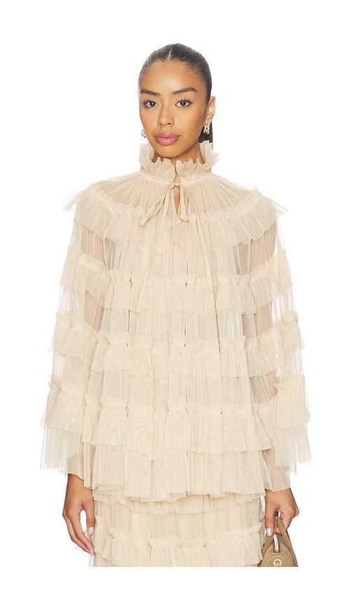 allsaints aude ruffle cape in nude.