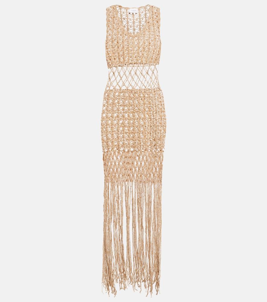 anna kosturova fringe-trimmed crochet midi dress