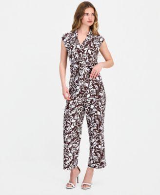 anne klein essentials petite collared button front top printed high rise wide leg pants