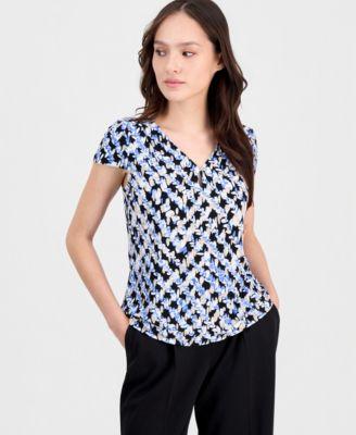 anne klein essentials womens printed keyhole cap sleeve top