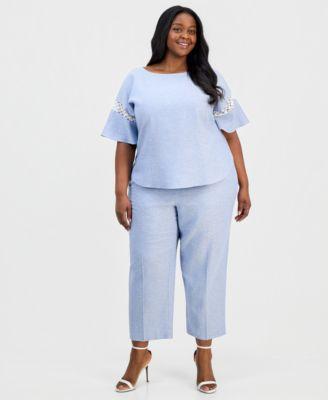 anne klein flutter sleeve bateau neck top wide leg crop drawstring pant