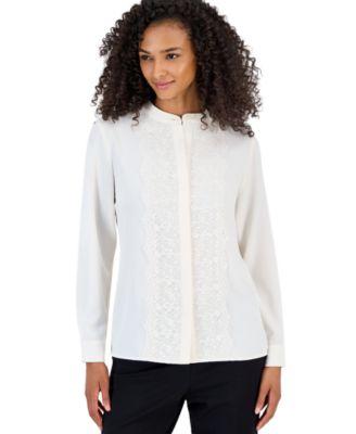 anne klein womens flutter long sleeve lace placket collared blouse
