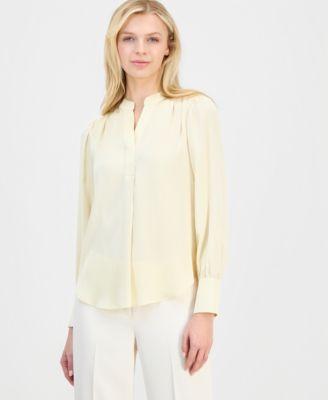 anne klein womens pleat front long sleeve blouse regular petite