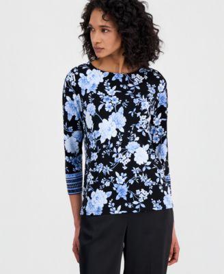 anne klein womens printed 3 4 sleeve boat neck top