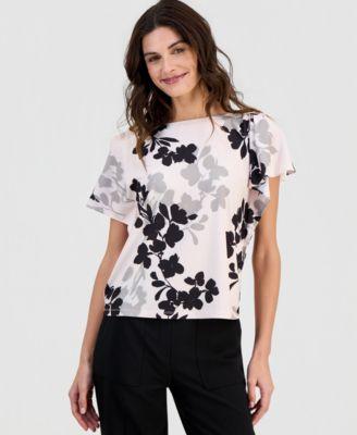 anne klein womens printed cascade flutter sleeve top