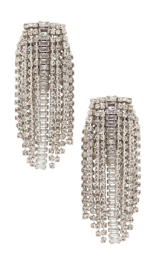 anton heunis omega clasp chandelier brooch earrings in metallic silver.