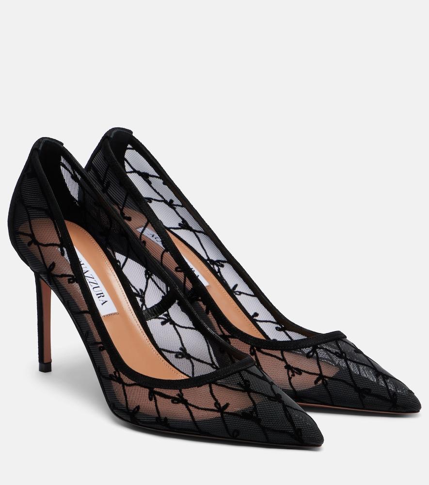 aquazzura 85 suede-trimmed mesh pumps