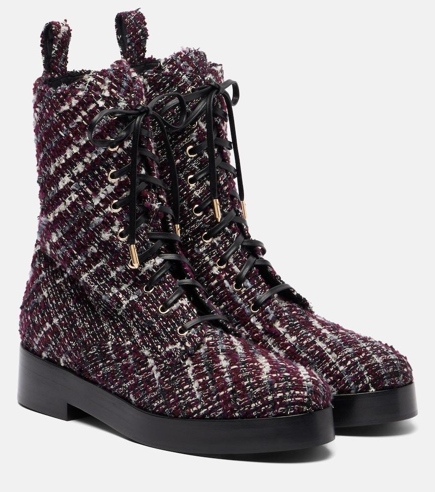 aquazzura ben 20 leather-trimmed tweed combat boots
