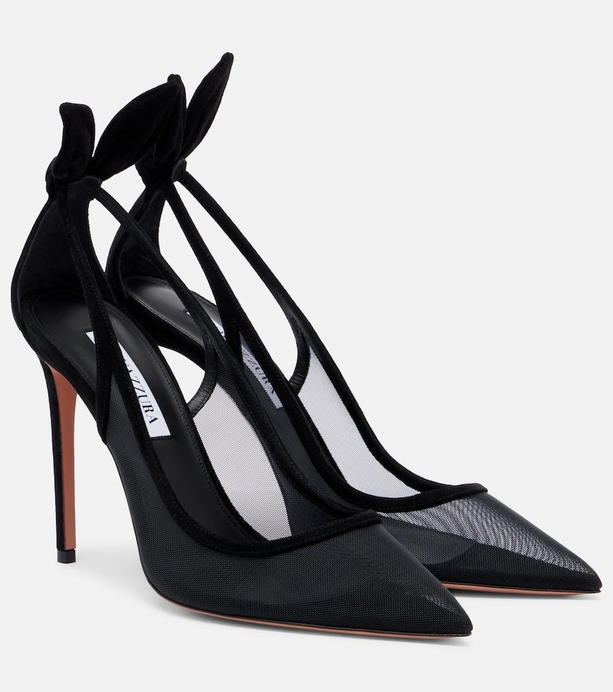 aquazzura bow tie suede-trimmed mesh pumps