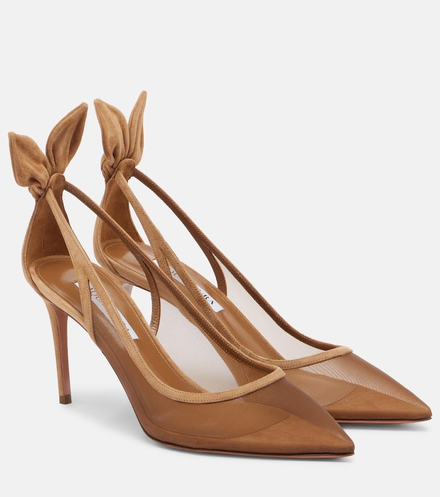 aquazzura bow tie suede-trimmed mesh pumps