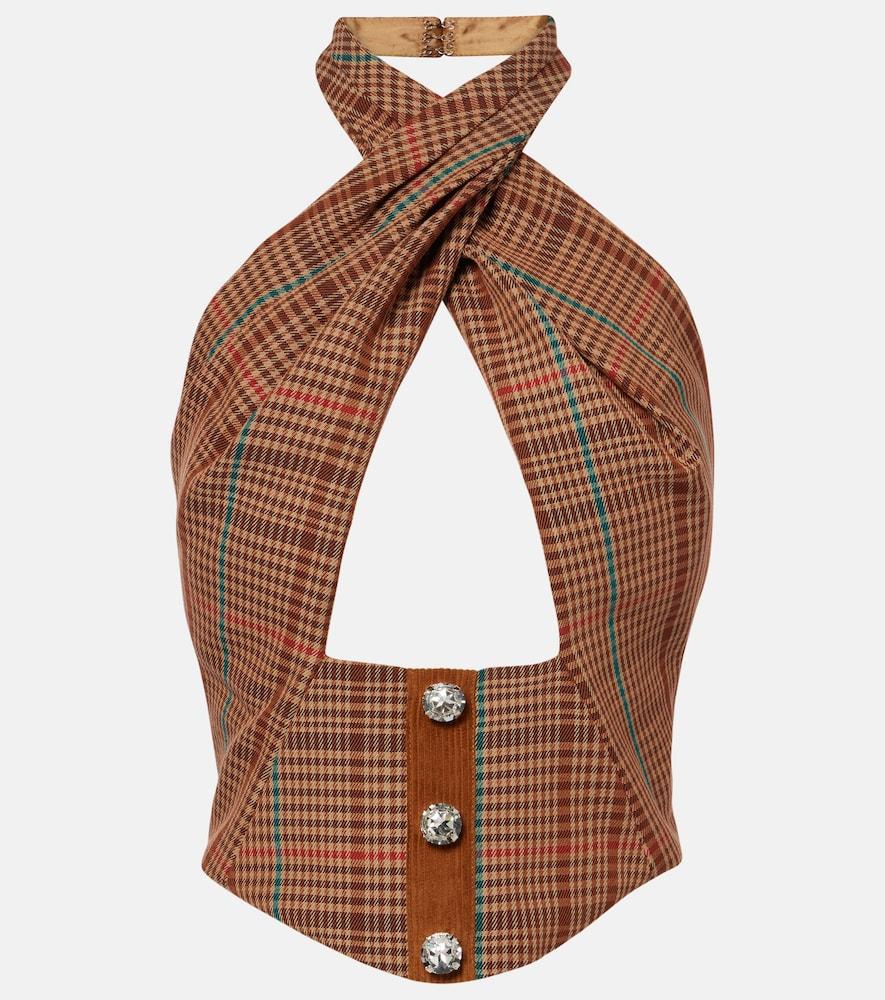 area checked halterneck wool-blend top
