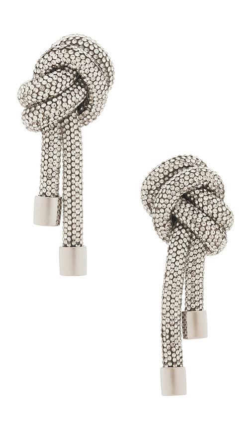 area crystal knot earrings in metallic silver.