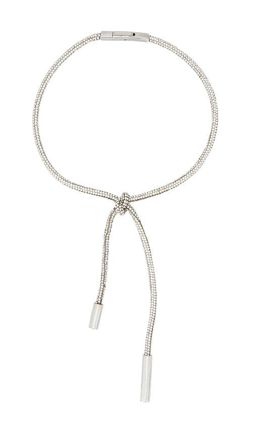 area crystal knot necklace in metallic silver.