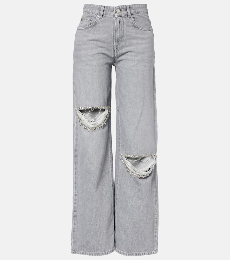 area distressed embellished wide-leg jeans