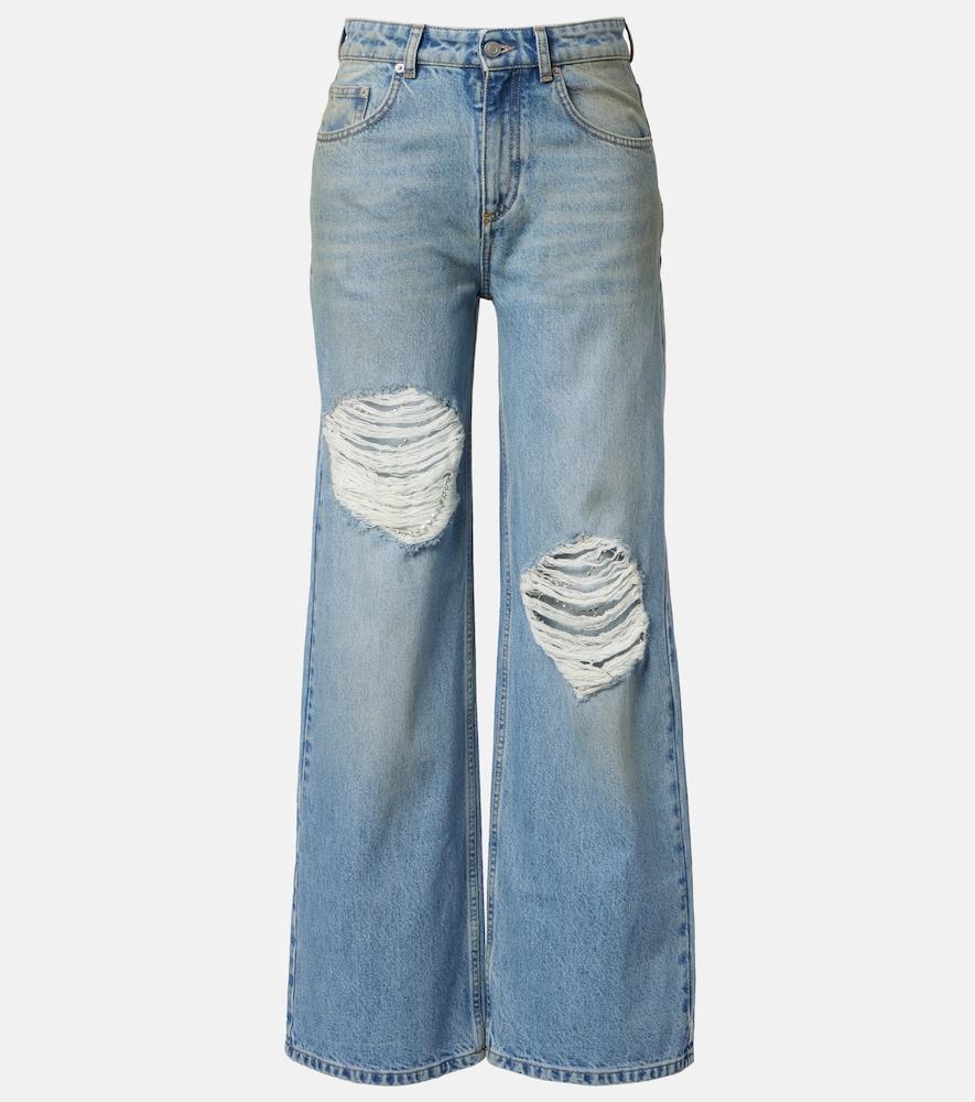 area distressed embellished wide-leg jeans