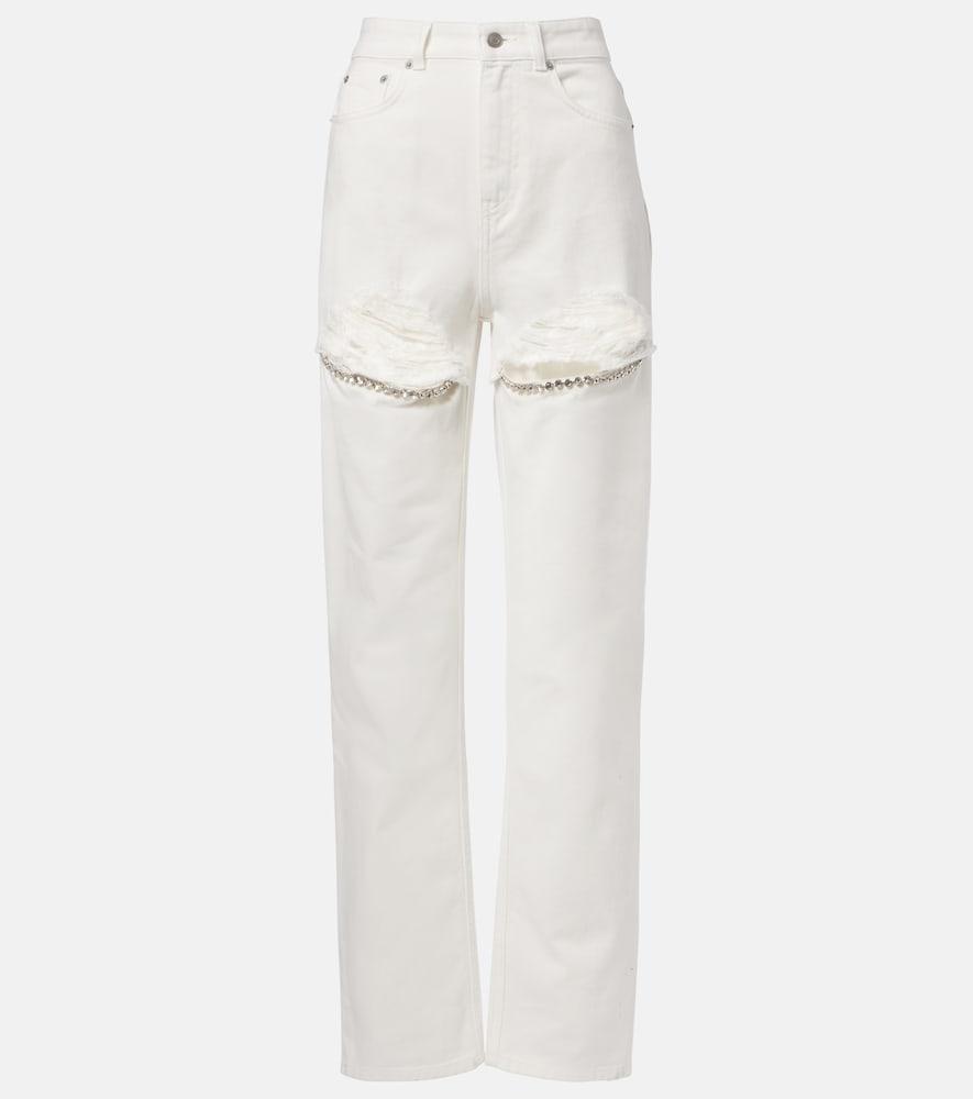 area distressed embellished wide-leg jeans