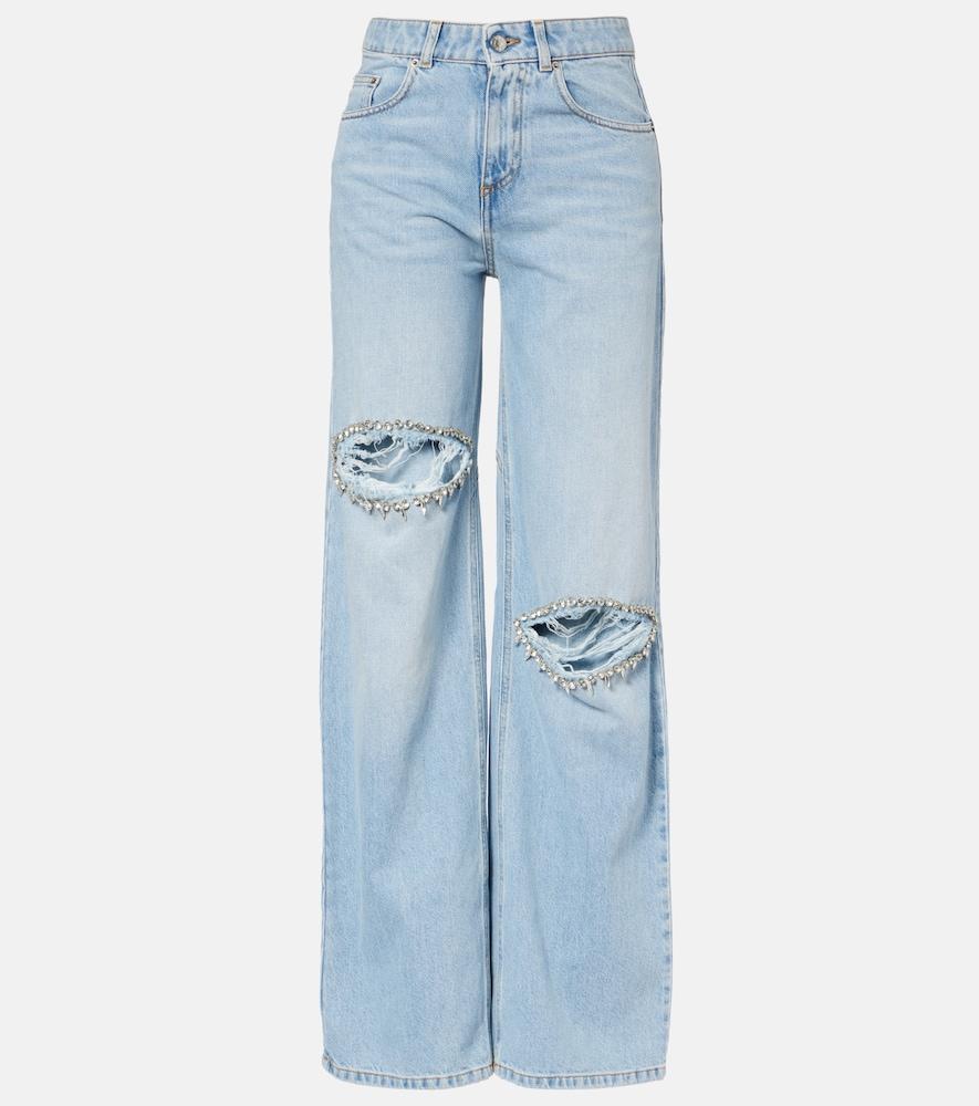 area distressed embellished wide-leg jeans