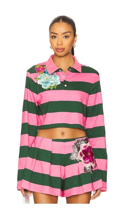 area embroidered flower cropped polo top in pink,dark green. - size l (also in s)