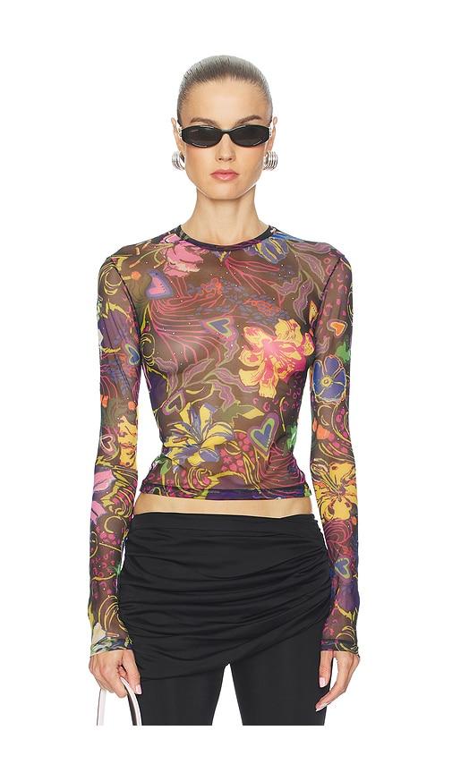 area hotfix printed tulle long sleeve top in black. - size s (also in xs)
