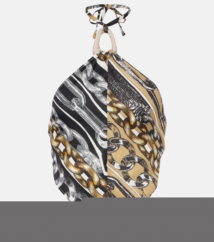 area printed embellished halter-neck crop top