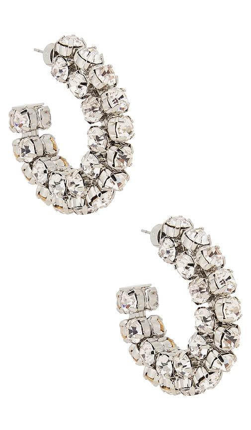 area small crystal hoop earrings in metallic silver.