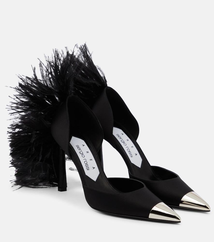 area x sergio rossi amazona feather-trimmed denim pumps