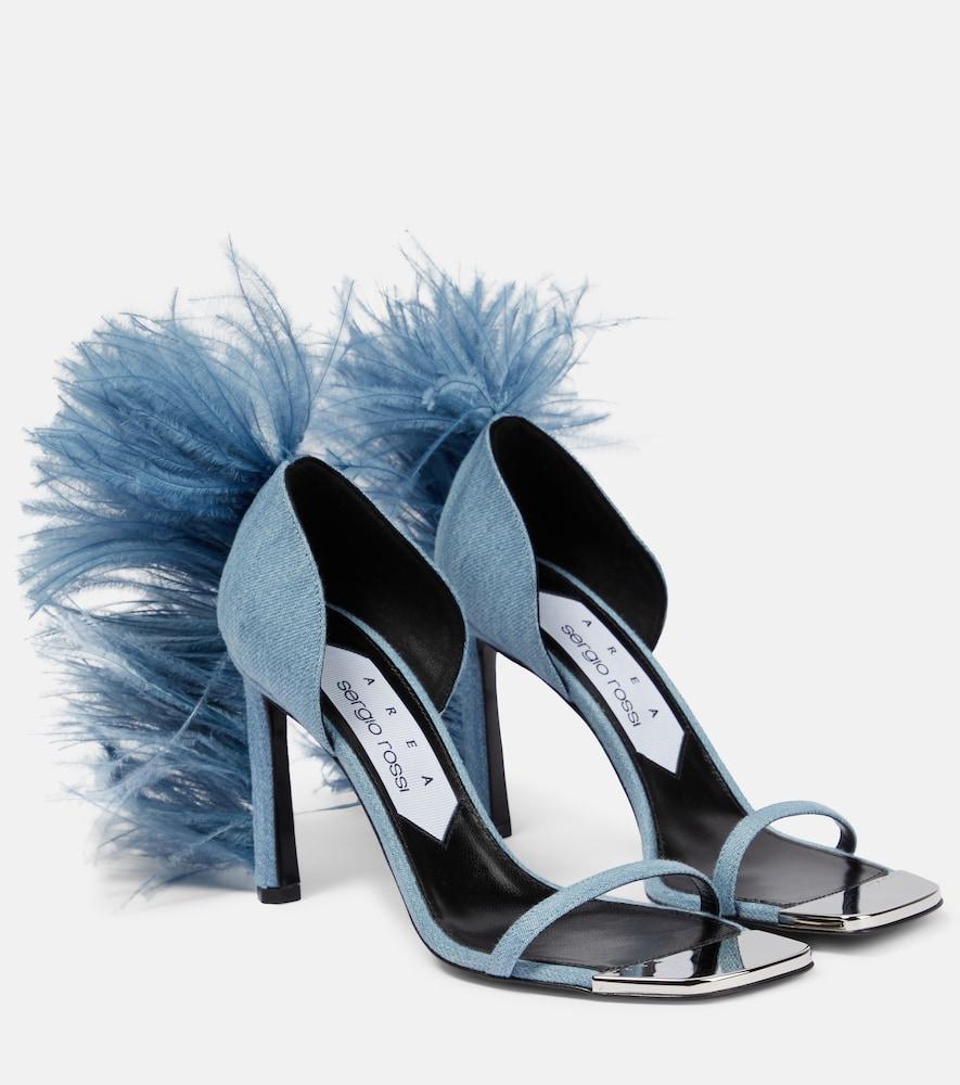 area x sergio rossi amazona feather-trimmed denim sandals