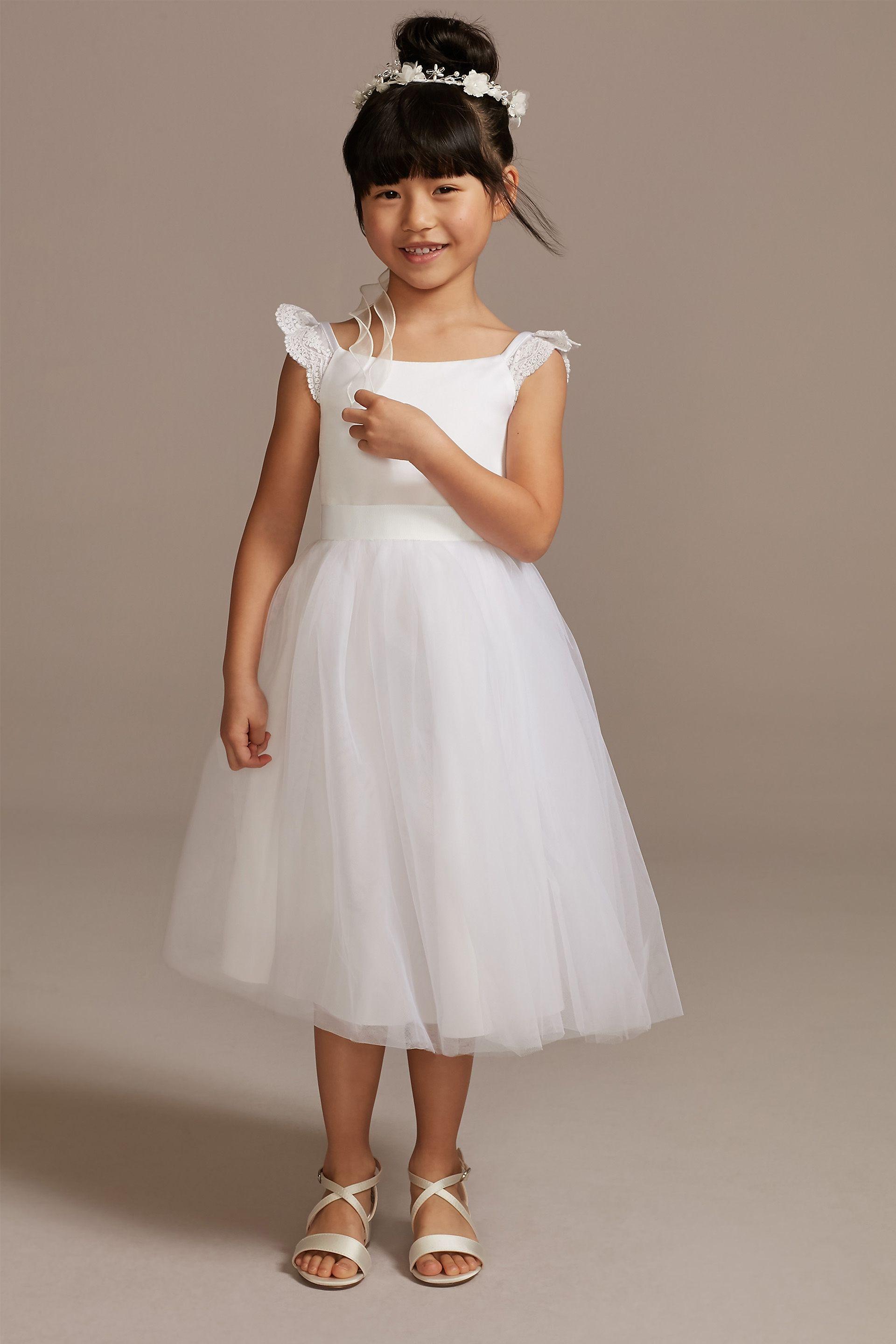 as is crochet cap sleeve ruffle flower girl dress in white size: 10 david's bridal