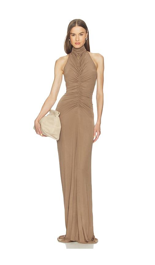 atlein halter neck front ruched gown in tan. - size 36/2 (also in 40/6)