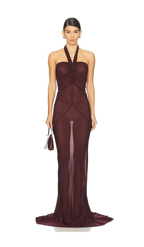 atlein halter neck ruched gown in burgundy. - size 34 (also in 36, 40)