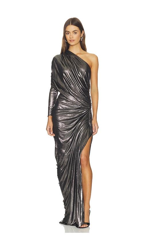 atlein one sleeve draped gown in metallic silver. - size 34 (also in 36, 38, 40)