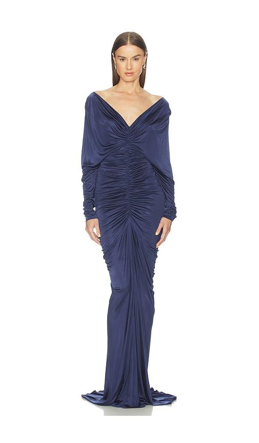 atlein v neck ruched gown in navy. - size 34/0 (also in 36/2, 38/4)