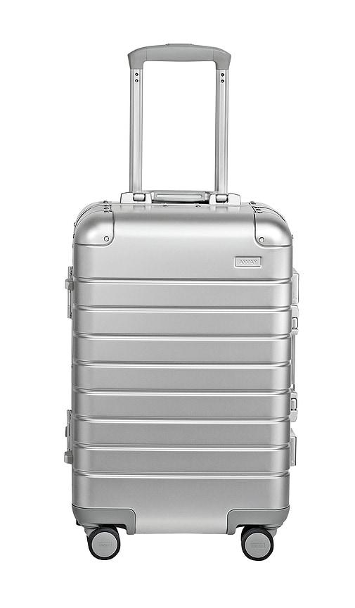 away aluminum carry on in metallic silver.