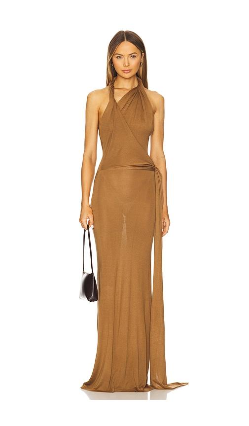 aya muse halter maxi dress in brown. - size l (also in m)