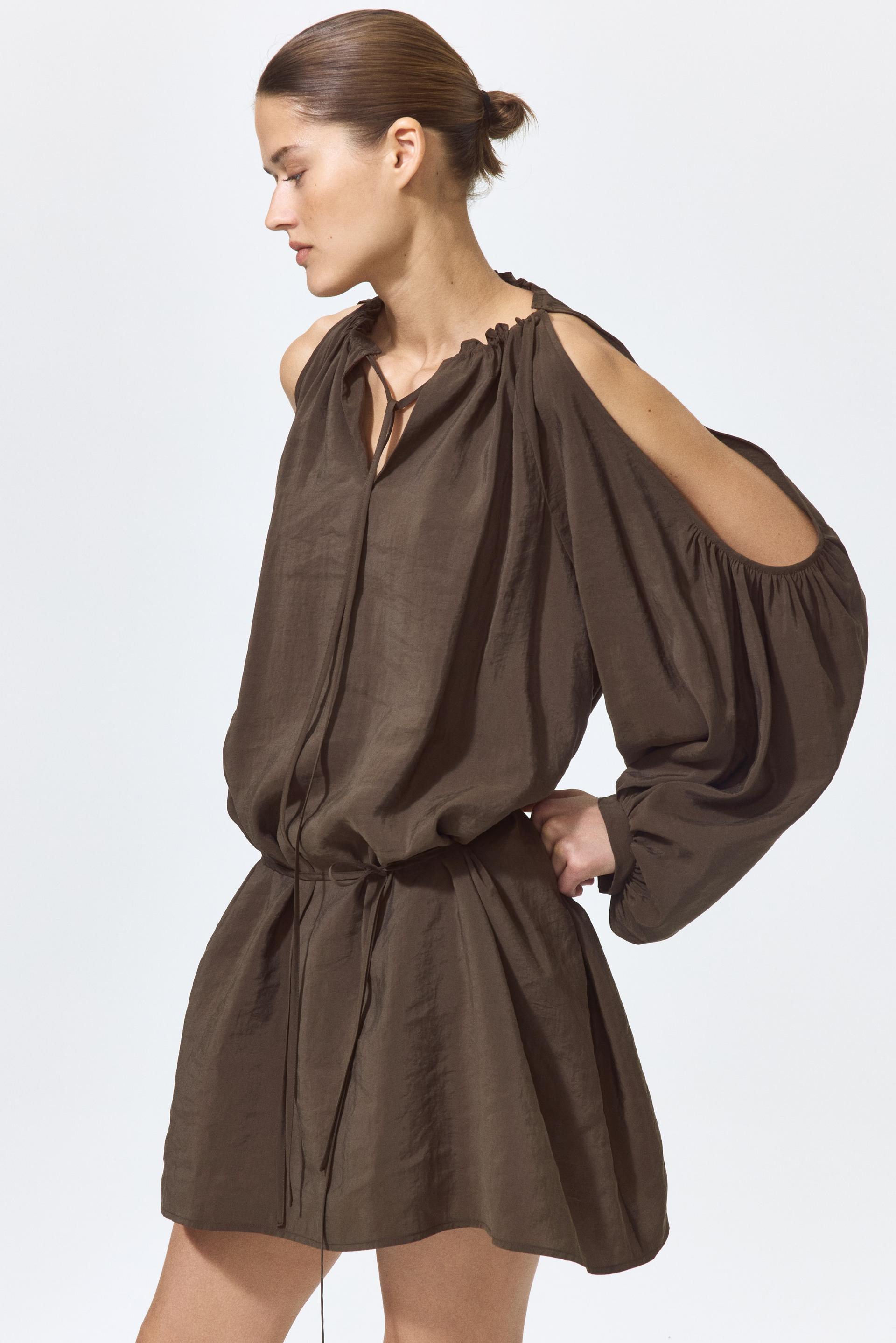 balloon-sleeved open-shoulder dress