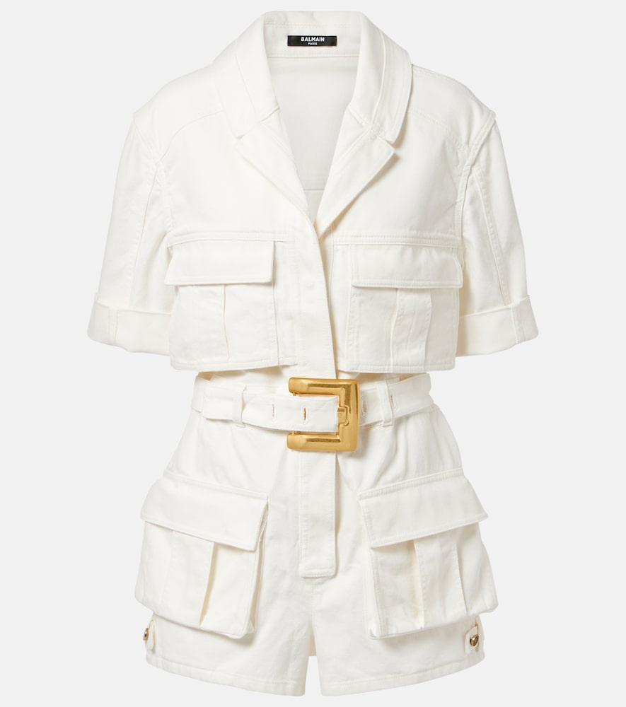 balmain belted denim romper