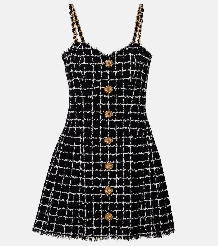 balmain chain-detail checked tweed minidress