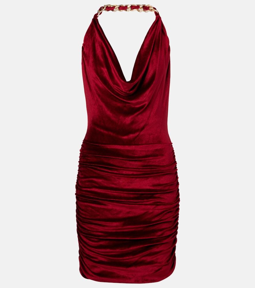 balmain chain-detail draped velvet minidress
